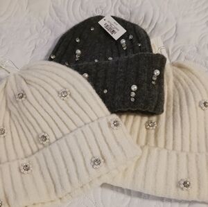 NWT Beanie Trio - Ivory & Charcoal Embellished With Pearls & Jewels